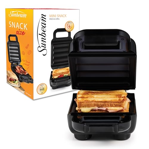 Sunbeam Mini Snack Press & Grill | Sandwich Press& Mini Oven In One, Cooks Fast Ready In 4 Mins, Non-Stick Coating, Easy to Clean, Compact Upright Storage & Portable Black GRP1000BK