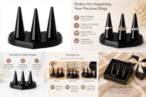 Image of morel JEWEL FINGER RING HOLDERS PLASTIC 3 MOUNT JEWELRY BLACK STAND RING CONE FINGER STORAGE ORGANIZER TOWERS PERFECT FOR BUSINESS PHOTOSHOOT ROOM DECORATION.(PACK OF 2)
