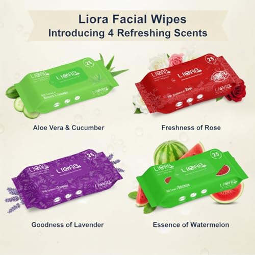 Image of Liora Wet Wipes, Daily Cleansing, Refreshing & Moisturizing Facial Wipes | Aloe Vera Enriched | Rose, Lavender, Watermelon & Cucumber | Anti-Acne, Biodegradable | 25 Wipes Each, Pack of 12 (300 Wipes)