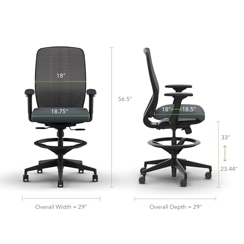 Image of HON Nucleus Task Stool, Ergonomic Office Chair, Home Office Desk Chairs, Synchro-Tilt with Seat Slider, Adjustable Footring, Height-Width Adjustable Arms, Black Mesh, Darkness Fabric, Black Frame
