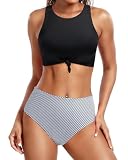 Tempt Me Women Black Striped High Waisted Sporty Bikini Sets High Neck Two Piece Swimsuits Tie Knot Bathing Suits S