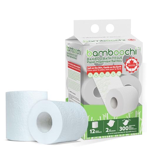 Bamboochi Bamboo Toilet Paper, Septic Safe Toilet Paper 2 Ply 12 Rolls 300 Sheets Per Roll, Soft Unscented Bath Tissue, RV Safe, Eco-Friendly, Non Chlorine, PFAS Free, Made in Canada