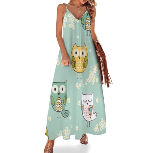 Robe longue oiseau de dessin animé ete sans manches robe maxi voyages plage pour femme