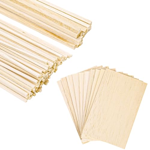 Okllen 150 Pieces Balsa Wood Sticks, Square Unfinished Balsa Wood Sheets Set, 12 Inch Thin Wood Strips 1/4 Inch 1/8 Inch Wooden Crafts Dowel Rods for DIY Projects Models Making Supplies