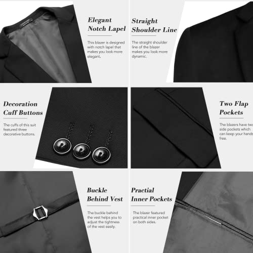 Coofandy Men's Suit Slim Fit, 3 Piece Suits For Men, Two Button Solid Jacket Vest Pants, Tuxedo Set Black S #TOP3