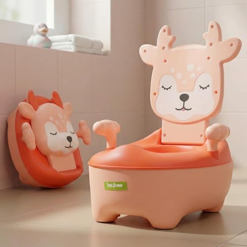 Image of Baybee Deer Baby Potty Seat for Kids 2 to 5 Years with Back Support | Foldable Toilet Seat with Removable Drawer & Cleaning Brush | Premium Potty Training seat | Kids Toilet Chair Boys Girls (Orange)
