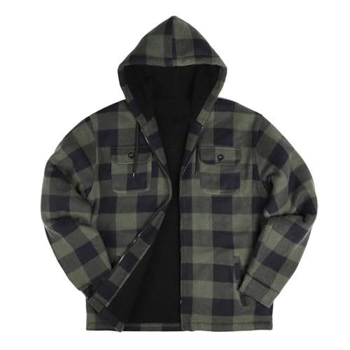 TanBridge Men’s Plaid Hoodie Jacket Sherpa Lined Checkered Fleece Sweatshirt for Men Full Zip Heavyweight Winter Coat