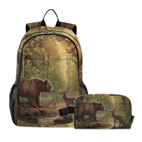 ALAZA Bear and Deer in The Forest Backpack Bookbag Notebook Laptop Bag Casual Travel Daypack with Lunch Bag for Women Men