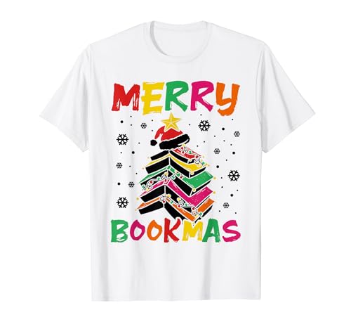 Merry Bookmas Books Árbol de Navidad Gusano de biblioteca a juego Camiseta