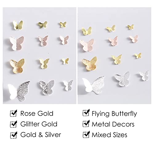 Metal Butterfly Glitter Nail Art Sequins, Gold Silver Flying Butterflies Nail Glitters Flakes Supplies, 3D Shiny Butterfly Nail Rivet Design For Women Girls Manicure Art, Butterfly Nail Charms Crafts #TOP1