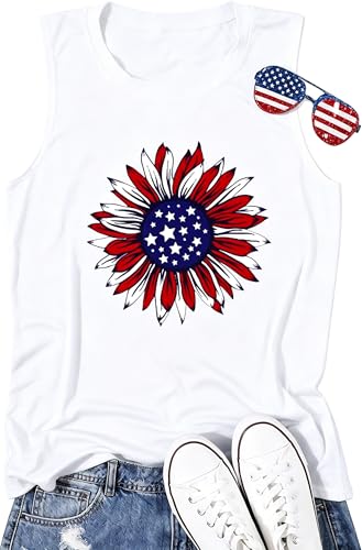 American Flag Sunflower Tank Top Women USA 4th of July Patriotic Sleeveless Shirt 1776-2026 250th Birthday Tops-XL (White)