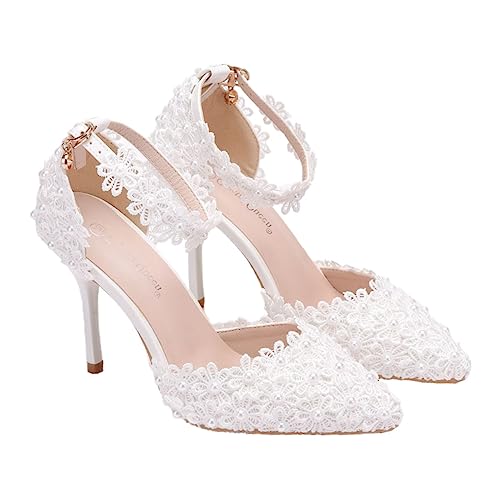 SHERCHPRY Zapatos de Boda Flores de Encaje Calzado de Novia Elegante Punta Fina para Ceremonia de Matrimonio Calzado para Vestido de Novia