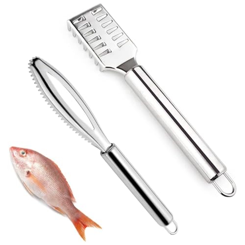 KOMUNJ 2 unidades de descamación de pescado de acero inoxidable, pelador de pescado, removedor de escamas de pescado, rascador de escamas de pescado, para limpieza rápida, piel de pescado para cocina