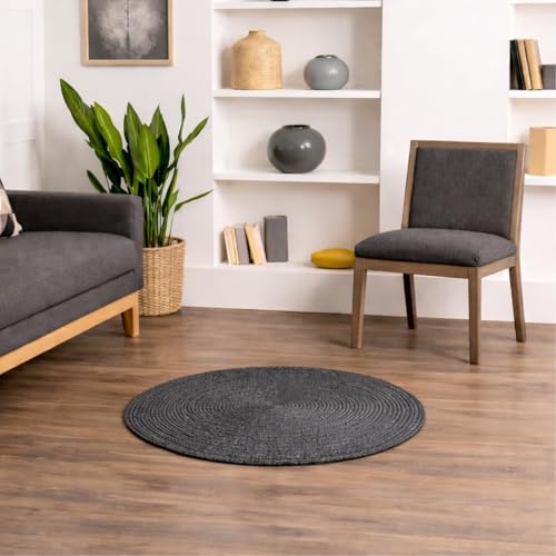 AAWAAS 2x2 feet Round Cotton Charcoal Rug – Handwoven Natural Braided Circle Carpet for Living Room, Bedroom, Entryway — (2x2 feet, Round)
