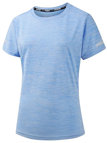 Peakwell Mujer Camisetas Deportivas Transpirables Top Manga Corta Running con Bandas Reflectantes, Azul Claro, L