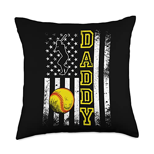 Softball Daddy American Flag Funny Vintage Softball Lovers Throw Pillow