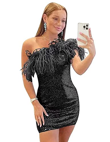 MuXiuFC One Shoulder Feather Homecoming Dress for Teens Short Sequin Sparkly Prom Cocktail Evening Party Gowns 077