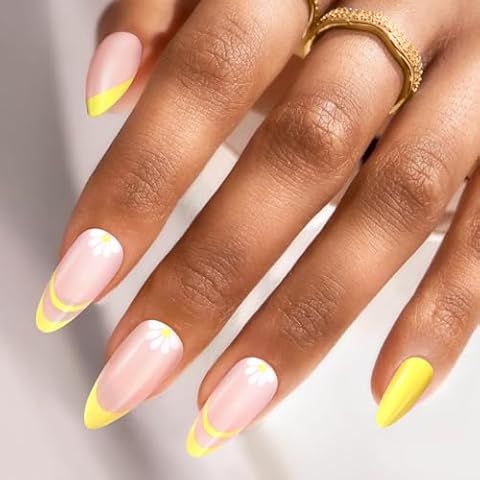 Swooflia Medium Almond Press On Nails French Tip – Yellow Flower Fake Nail Glue Stick On Acrylic Artificial Flase Fingernails for Women, 24 PCS Reusable Handmade Manicure Art Nails with Stickers Glue Cover
