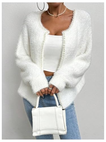 SOLY HUX Women's Fuzzy Open Front Cardigan Elegant Pearl Long Sleeve Dressy Casual Sweaters Outerwear3