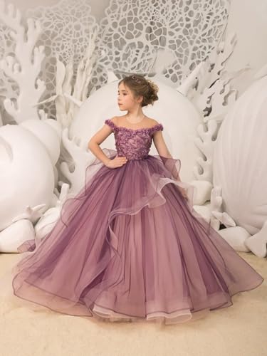 Flower Girl Dresses Off Shoulder Lace Applique Tulle Pageant Formal Evening Party Ball Gown3