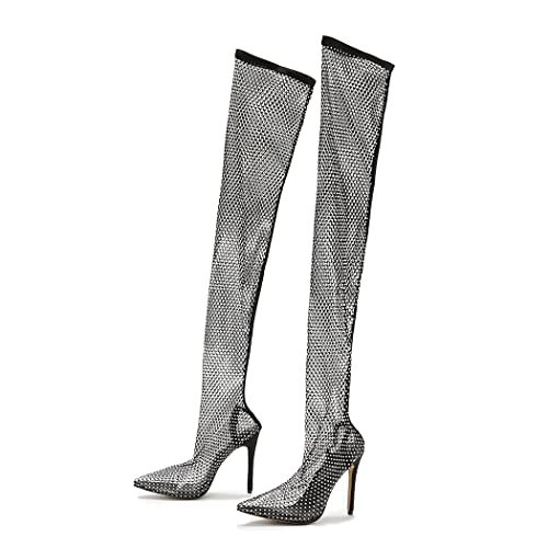 Elbslutt Women's Sparkly Stilettos Mesh Thigh High Boots Pointed Toe High Heels Rhinestones Over The Knee Summer Boots
