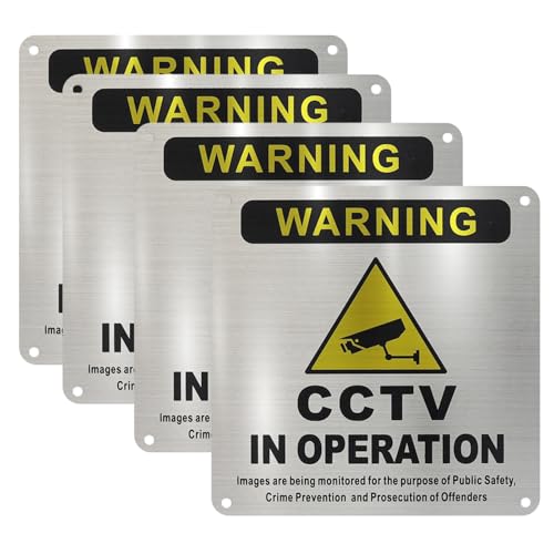 kclkda 4 Pack CCTV in Operation Sign with Adhesive Backing, 5.9x5.9 Inches CCTV Camera Warning Signs Pre-drilled Brushed Aluminium Metal CCTV Signage - Outdoor Waterproof, UV Resistant, Durable