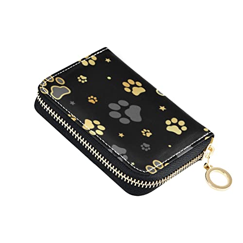 OTVEE Gold Dog Paw Print Credit Card Wallet, Microfiber Leather Zipper RFID Card Case Holder for Women