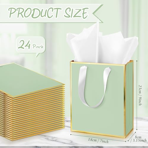 Image of Yeaqee 24 Pack Metallic Paper Gift Bag with Tissue, Sage Green, Gold | with Satin Ribbon Handle and Tissue, 9x7x3.1 Inch, Suit Business, Birthday, Christmas, Thank You Return Gifts Bags