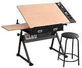Waful Height Adjustable Multifunctional Wooden Drafting Drawing Table, Art Artist Desk Craft Station Study Table Tilting Tempered P2 MDF Tabletop with Stool for Reading, Writing Art Craft Work Station