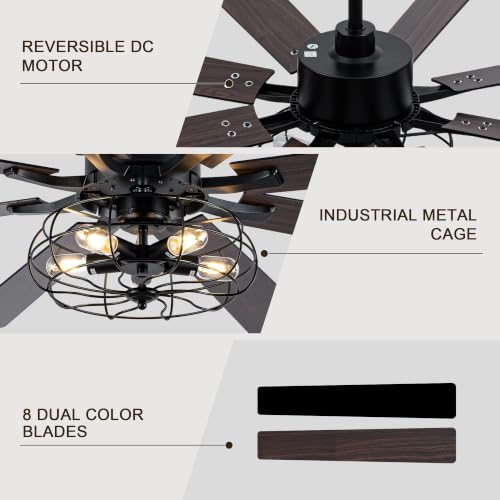 Image of 72 Inch Farmhouse Ceiling Fan with Lights Black Caged Rustic | Remote Control Fandelier Ceiling Fan, 5-Lights Large Chandelier for Living Room, 8 Dual Blades Reversible DC Motor 6 Speeds