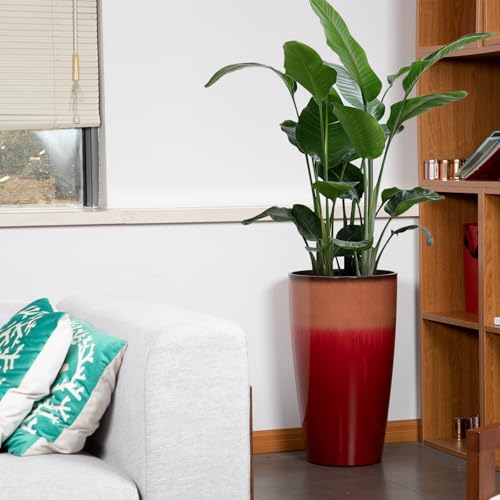 Neoaider Set of 2 Lightweight Ceramic-Look Tall Planter, 21 inch Large Plastic Planter with Drain Hole & Saucers, Large Outdoor Planters for Porch, Garden, Patio, Balcony(Fiery Red)