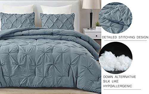 Chezmoi Collection Natalia 3-Piece Pom Pom Pinch Pleat Down Alternative Comforter Set, Soft Washed Microfiber Ball Fringe Bedding Set (Queen, Dusty Blue) #TOP5