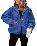 ReachMe Womens Fuzzy Fleece Jackets Casual Long Sleeve Sherpa Jacket Crop Button Down Winter Coats Y2k Outwear with Pockets(Royal Blue,M)