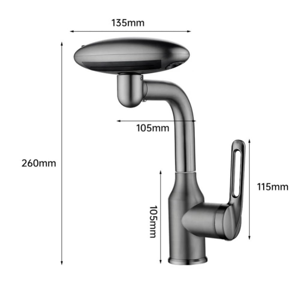 QHQQXN Obrotowy kran wodospadowy 360° – 4-funkcyjny spryskiwacz strumieniowy, bateria mieszająca ciepłą i zimną wodę do zlewu w łazience – eleganckie srebrne wykończenie, wielofunkcyjna konstrukcja