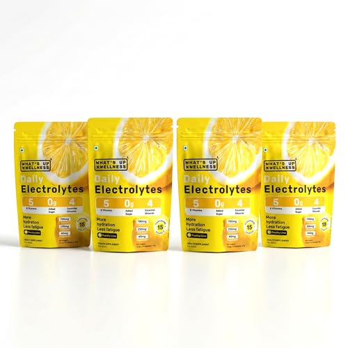 Image of What's Up Wellness Daily Electrolytes Powder - Punchy Lime Flavour | Zero Added Sugar | Instant Hydration - Sodium, Potassium, Magnesium & Zinc | Vegan | 60 Sachets | Pack of 4