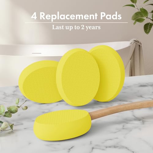 Image of AmazerBath Lotion Applicator for Back, Feet, 4 Replacement Pads with 17 inch Curved Handle, Back Sunscreen Applicator for Kids, Elderly, Women, Apply Skin Cream Medicine Moisturizer Tanner, Lemon Yellow