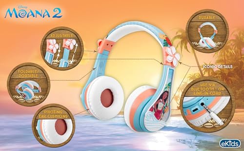 Image of Disney Moana 2 Bluetooth Headphones for Kids Wireless Headphones for School | Volume Reduced and Built-in Microphone
