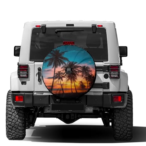 KiuLoam Coconut Palm Trees Beach Sunset Spare Tire Cover with Backup Camera Hole Universal Sunscreen Waterproof Wheel Covers for Trailer RV SUV Truck and Many Vehicles (17 for Diameter 31-33)