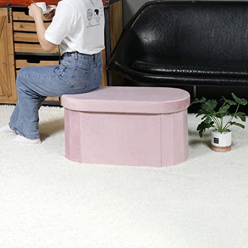 Bonlife Pink Velvet Ottoman Storage Bench with Seat,Foldable Stool Living Room Furniture,Oval Large Toy Box Storage Chest with Lid,76x38x38cm