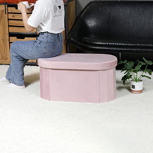 B Fsobeiialeo Storage Ottoman Bench Tufted Oval Ottomans Bench Foot Rest, Toy Chest Box Velvet Bench With Storage, Pink 30"X15"X15" #TOP4