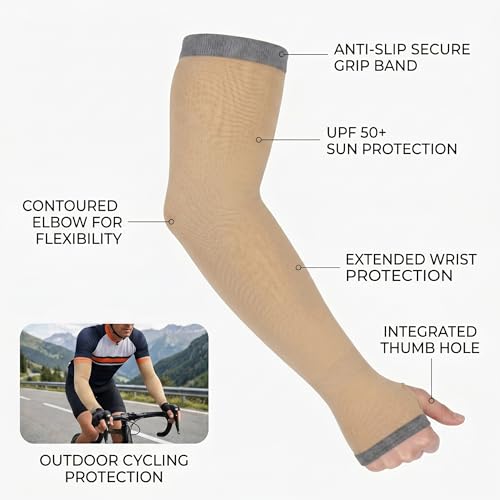 Image of UV Sun Protection Cooling Arm Sleeves For Men And Women 90% Nylon 10% Spandex Compression Hand Cover With Thumb Hole For Driving Cycling Cricket And Sports