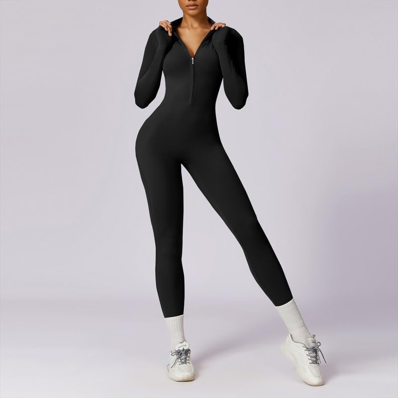 Litthing Femme Combinaison de Sport, Sexy Tirette Long Moulante Vetement Bodysuit Manches Longues Body Yoga Élastique Skinny d'entraînement Bodycon Une Pièce