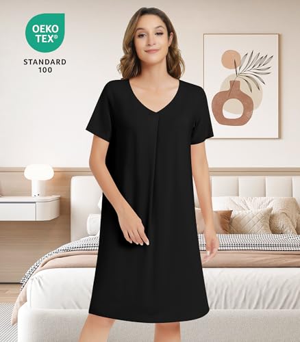 Image of NACHILA Nightgowns for Women-Viscose Made from Bamboo,Short Sleeve Nightshirts V Neck Sleep Shirt Loose Sleep Dress