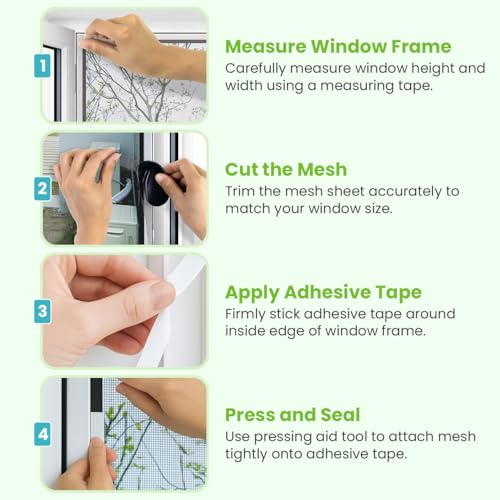 Apalus Fliegengitter Fenster, Zuschneidbar auf Fenstergrößen bis 110x130cm, Insektenschutz mit Starkem Klettband, Kinderleichte Montage, Presshilfe und Zuschneider Inklusive, Schwarz 2 Stück
