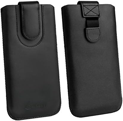 Emartbuy Black/Black Premium PU Leather Slide in Pouch Case Cover Sleeve Holder (Size LM3) With Pull Tab Mechanism Compatible With Smartphones Listed Below