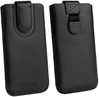 Emartbuy Black/Black Premium PU Leather Slide in Pouch Case Cover Sleeve Holder (Size LM3) With Pull Tab Mechanism Compatible With Smartphones Listed Below
