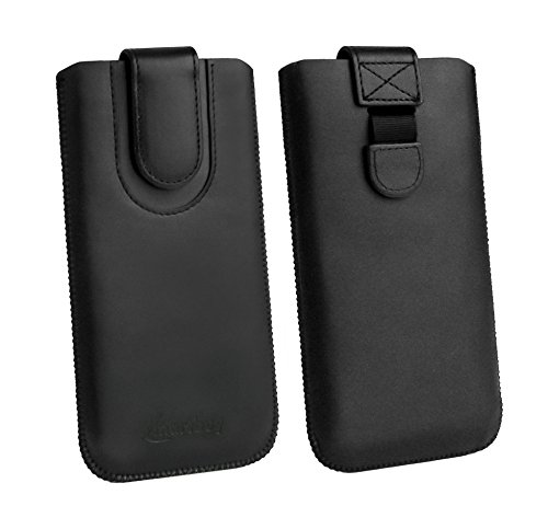 emartbuy Noir/Noir Étui Coque Case Cover en Cuir PU (Taille F) avec Languette Push Up Compatible avec Smartphones Listés Ci-Dessou