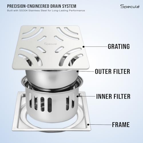 Image of Silver Exclusive Emerald Floor Drainer | 304-Grade Stainless Steel | 5x5 inch Anti-Rust & Anti-Crack Floor Drain with Brushed Finish | Stain Resistant Silver Bathroom /Kitchen Drain Cover