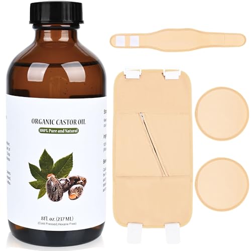 Castor Oil Organic Cold Pressed Unrefined Glass Bottle (8fl.oz/237ml), Castor Oil Pack Wrap, 4Pcs Reusable Castor Oil Pack Wrap Organic Cotton for Waist Neck Breast, Castor Oil Packs for Liver Detox