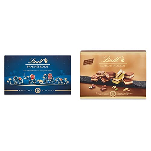 Lindt Schokolade - Royal Pralinen | 300 g & Schokolade - Schicht-Nougat Pralinen | 125 g | Pralinés-Schachtel mit 12 von Hand geschichteten Mandel-, Haselnuss- und Pistazien-Nougat Spezialitäten